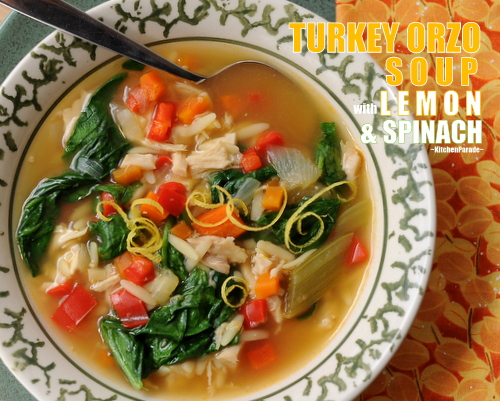Turkey Orzo Soup with Lemon & Spinach ♥ KitchenParade.com, a hearty mix of cooked turkey, pasta and vegetables brightened with lemon, perfect for spring. Weight Watchers Friendly. High Protein.