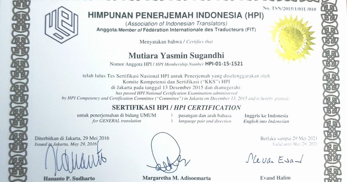 Mutiara Yasmin Latest Certification EnglishIndonesian translation