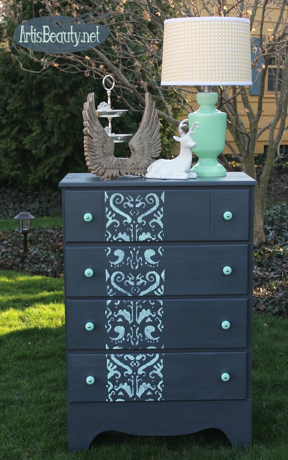 ART IS BEAUTY Gray and Mint Ikat Stencilled Dresser Makeover