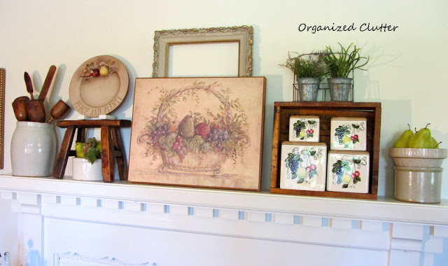 Early Fall Mantel, Crocks, Fruit, and Wood Accents