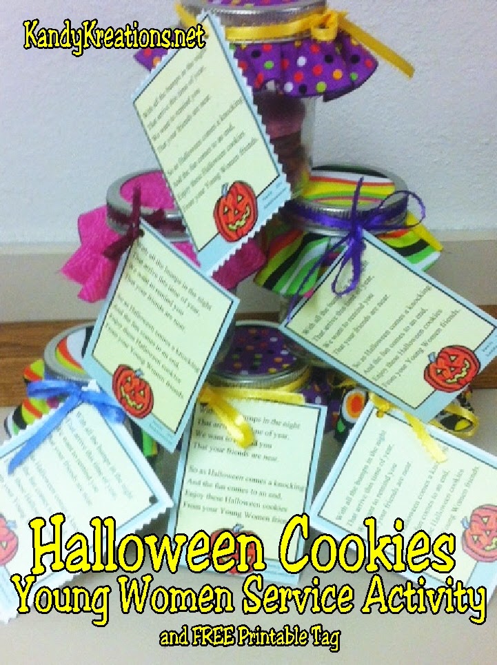 Teach your kids to serve others with these Halloween Cookies Monster jars.  The jars are filled with fun Halloween cookies for the young women to give to others this Halloween as a fun and yummy Service Activity.
