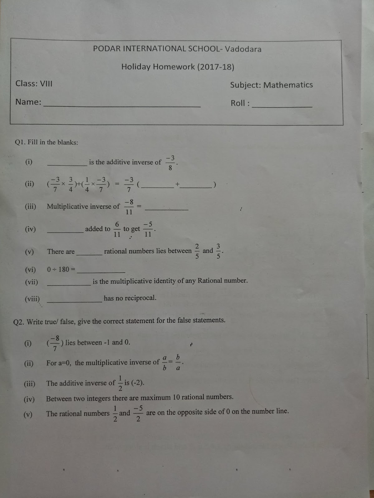 holiday homework for class 8 mathematics