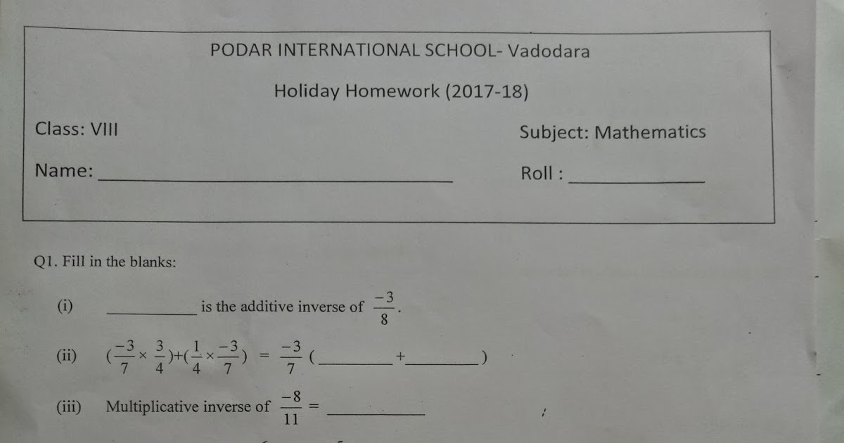 PIS VADODARA STD 8: Grade VIII MAth Holiday Homework