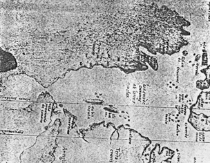 Parte do mapa conhecido como Egerton 2803, que mostra Sete Cidades na América do Norte e "Antiglia" na América do Sul.