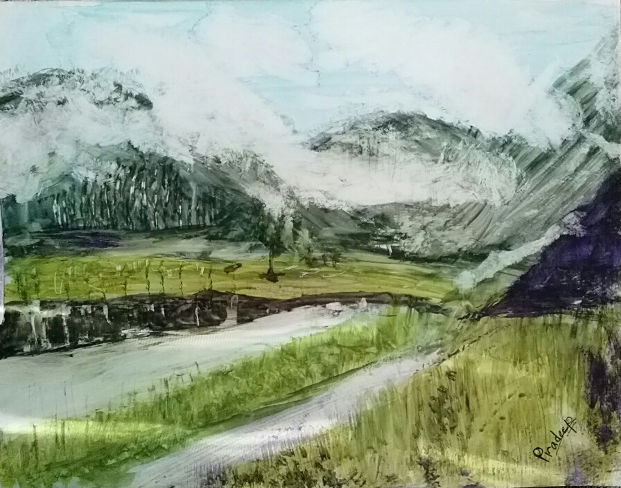 Pradeep Gautam Creations 6 Blanket Of Snow On Hills And River Realistic Painting Nepal Watercolor On Paper