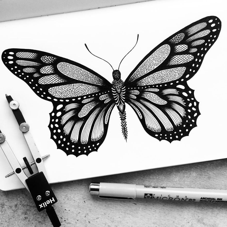 04-Butterfly-Pavneet-Sembhi-Black-and-White-Ink-Detailed-Drawings-www-designstack-co