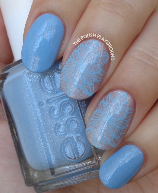Pale Lilac with Light Blue Full Flower Stamping Nail Art