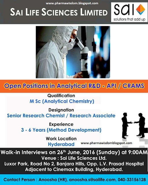 SAI LIFE SCIENCES LTD. WalkIn Interview for Analytical R&DAPI on 26th