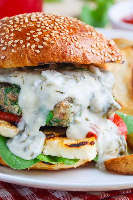 Spinach and Feta Chicken Burgers (aka Spanakopita Burgers) with Grilled Halloumi, Roasted Red Peppers and a Spinach and Feta Sauce Spinach and Feta Chicken Burgers (aka Spanakopita Burgers) with Grilled Halloumi, Roasted Red Peppers and a Spinach and Feta Sauce