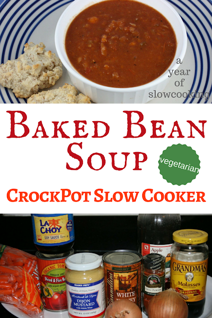 A super delicious and hearty vegetarian and vegan bean soup that tastes smoky and amazing. Made in the crockpot slow cooker. It tastes just like you'd imagine a can of blended pork and beans to taste, except better.