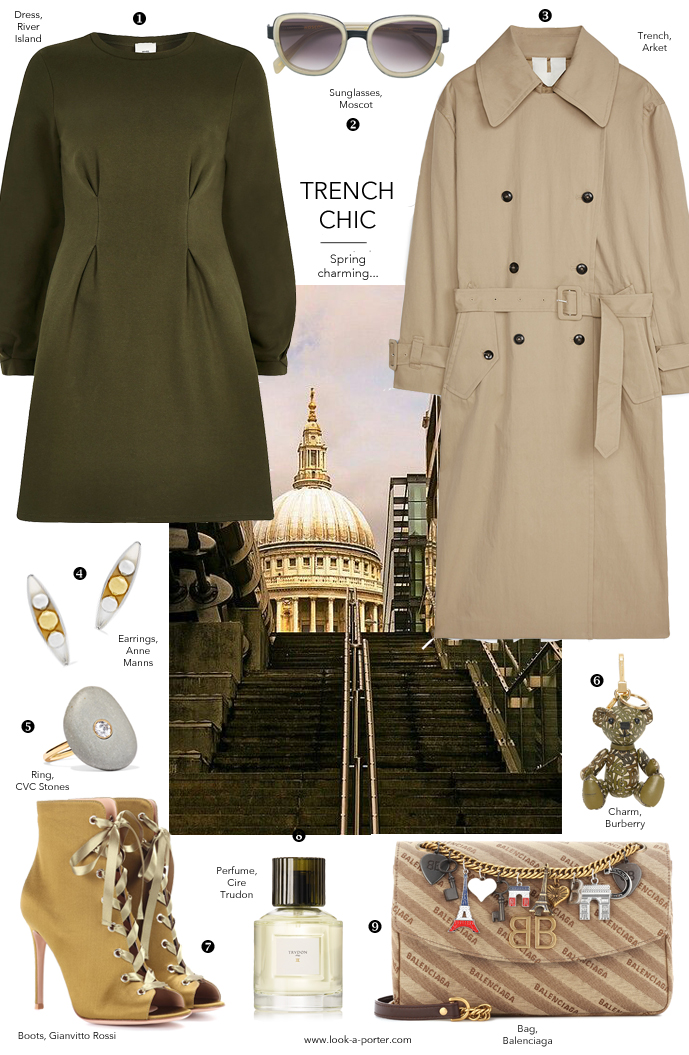 How to style a trench coat, classic trench, olive green dress, laced up ankle boots with Arket, Balenciaga, Gianvitto Rossi, CVC Stones & Cire Trudon for www.look-a-porter.com fashion blog