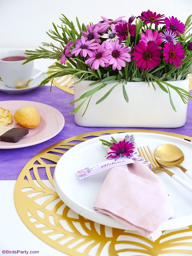 A Lavender Tea Party and Tablescape for Mother's Day - easy but pretty styling tips and ideas, recipes and DIY printables to celebrate mom! by BirdsParty.com @birdsparty #teaparty #lavendertablescape #gardenparty #mothersday #mothersdayteaparty #mothersdayparty #mothersdayrecipes #floraltablescape #lavenderfloraltable #mothersdaypartyideas