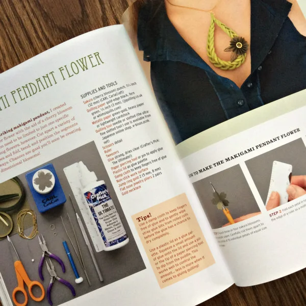 Two pages in the how-to book All Things Paper that show the supplies needed for the Loosely Braided Makigami Flower Pendant