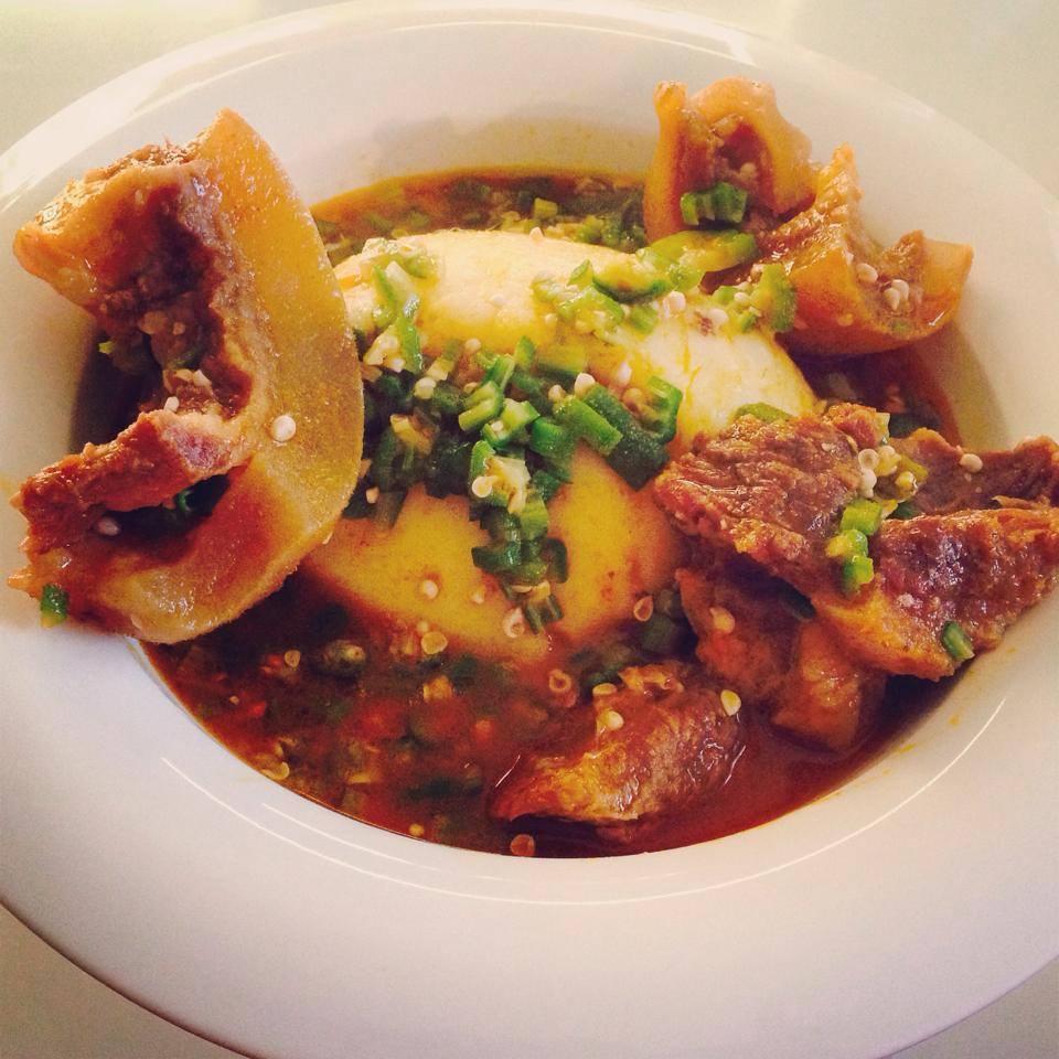 Nigerian Fufu With Okro Soup And Assorted Meats