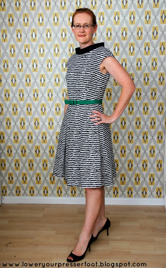 Burda 3/2016 #125 black and white stripe dress with full skirt www.loweryourpresserfoot.blogspot.com