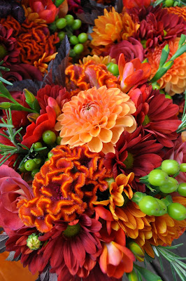 Fall flower arrangement featuring Celosia and Gerbera daisies