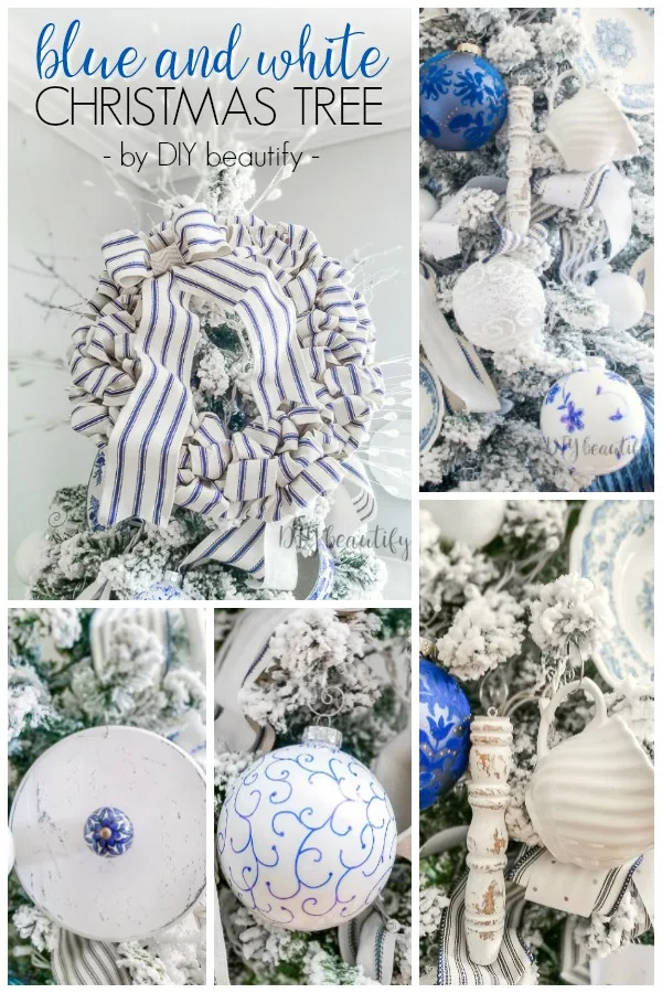 French farmhouse Christmas tree with blue and white by DIY beautify