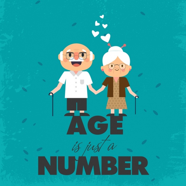 Age banner old man woman icons texts decor Free vector