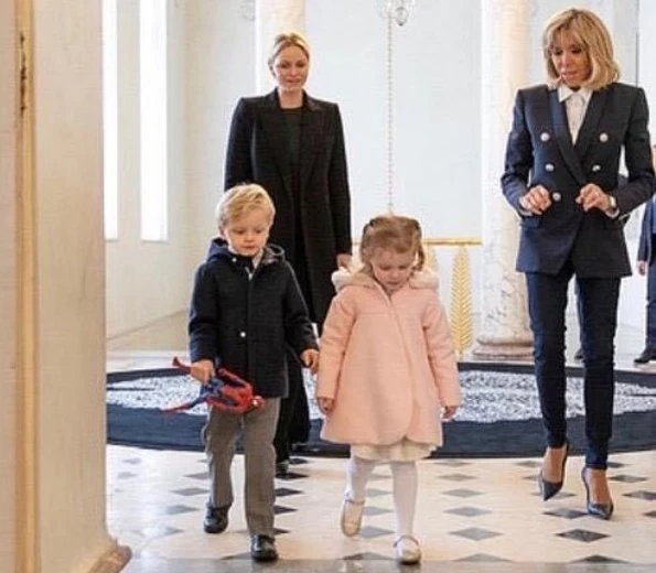 French First Lady Brigitte Macron, Princess Charlene and her twins Prince Jacques and Princess Gabriella at Elysée, Palace Paris