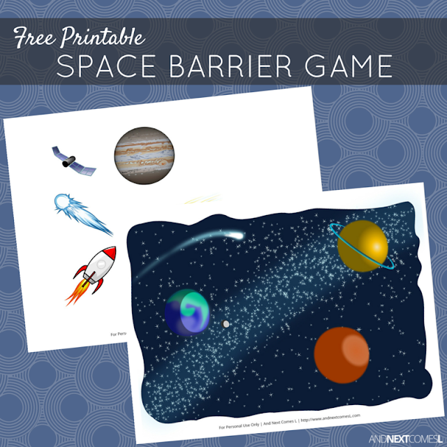 Free printable space themed barrier game for kids from And Next Comes L