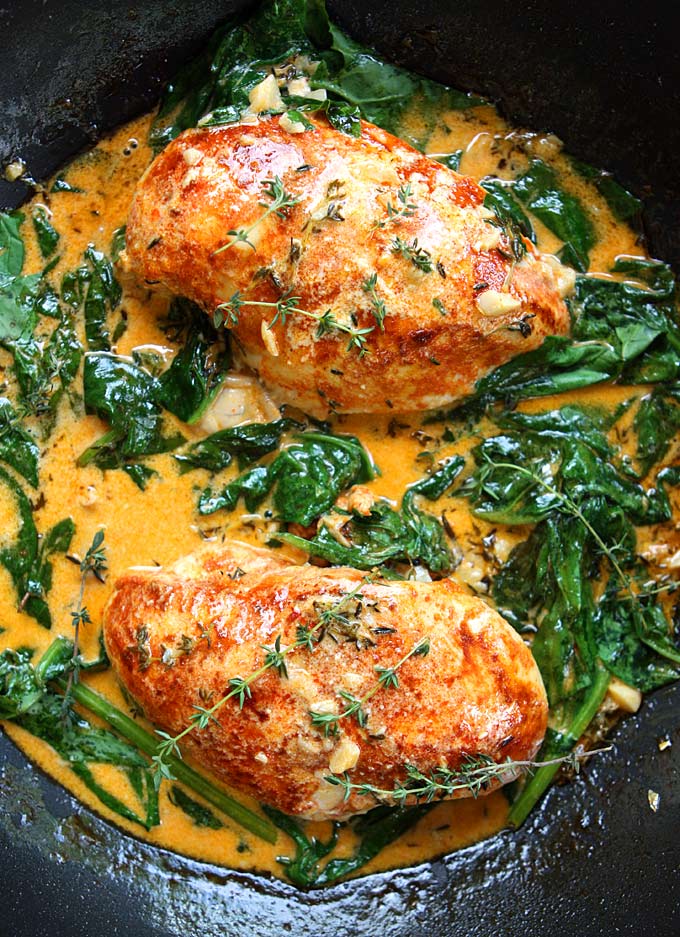 Recipe Paprika Chicken & Spinach with White Wine Butter Thyme Sauce