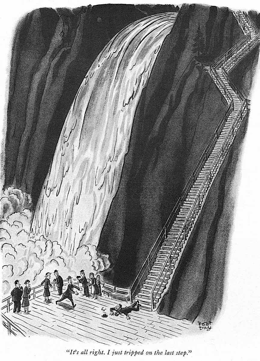 Robert Day cartoon a Robert Day cartoon about clumsy awkwardness in public, "It's all right. I just tripped on the last step."