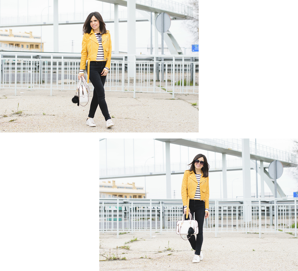 Look de estilo navy con biker amarilla de zara