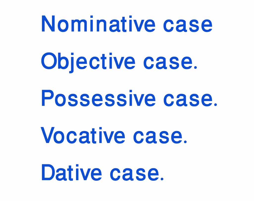Nominative case Objective case Possessive case Vocative case Dative