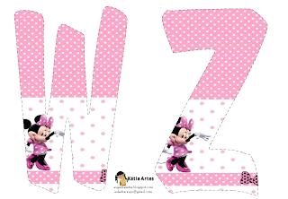 Lindo alfabeto de Minnie saludando, en rosa y blanco WZ. 