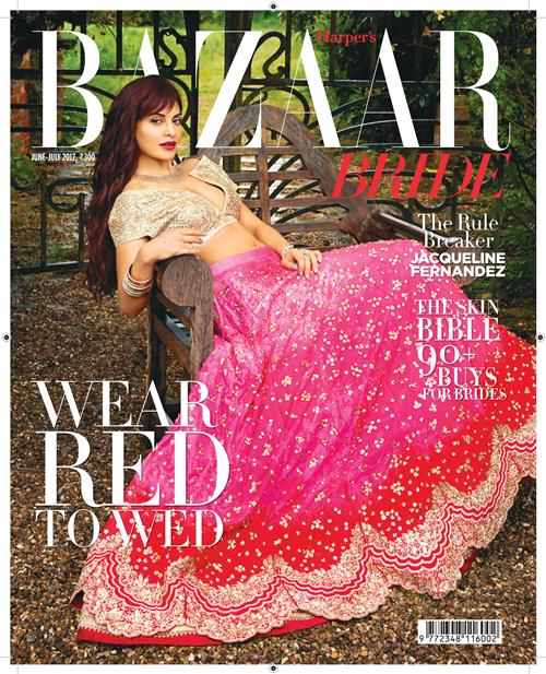 Actress Jacqueline Fernandez wearing Anushree Reddy For Harper's Bazaar Bride - June-July cover Actress Jacqueline Fernandez wearing Anushree Reddy For Harper's Bazaar Bride - June-July cover