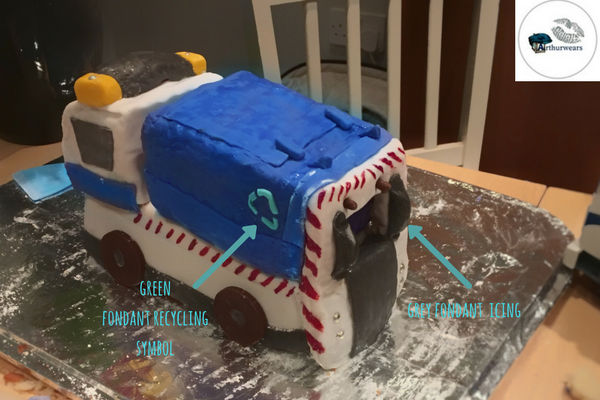 adding the recycling logo to make the blue bin lorry recycling garbage truck birthday cake