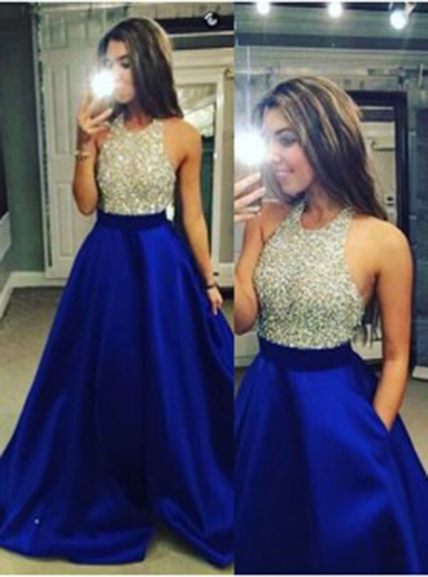 Halter Neck Beaded Long Satin Prom Dress-Royal Blue Backless Evening Prom Dress