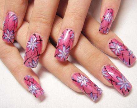 Pink Nail Art with Blue Flowers