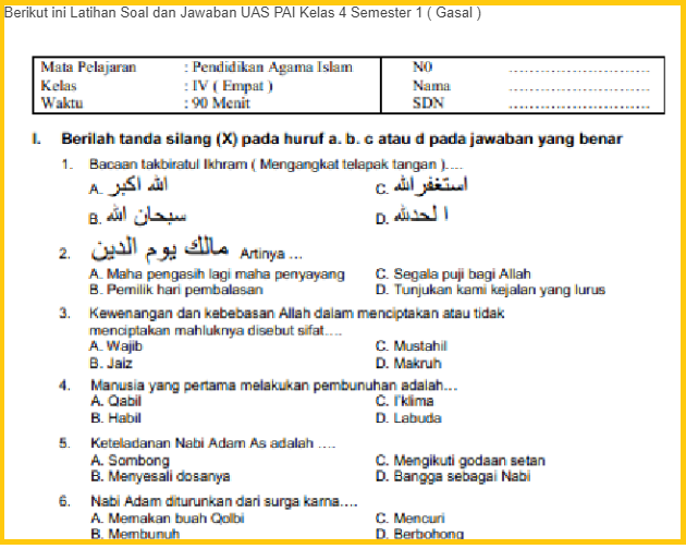 Soal UAS PAI Kelas 4 Semester 1