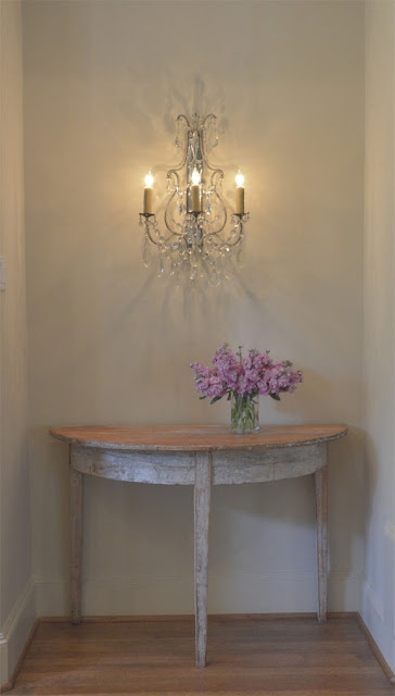 Hall table, crystal sconce, image and design by Luxe Living Interiors as seen on linenandlavender.net