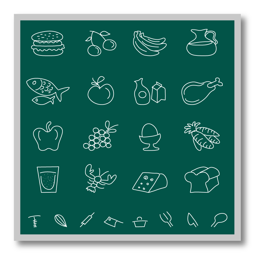 黒板にチョークで描いた食べ物アイコン Chalkboard food icons イラスト素材