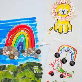 Invitation to create with buttons- make button art collages with the kids- lion, rainbow, race car