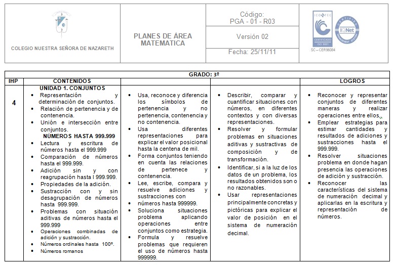Matemáticas Tercer Grado: Plan de Área de Tercero Grado