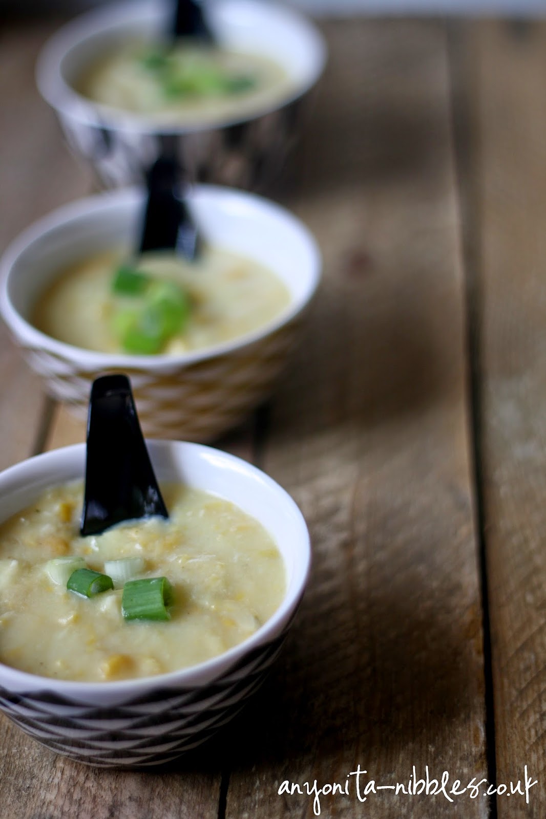 Three bowls of gluten free chicken and sweetcorn soup from Anyonita-nibbles.co.uk
