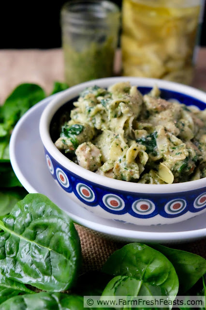 A simple & fast skillet supper with sautéed chicken breast, fresh spinach, prepared pesto and marinated artichoke hearts. Six ingredients, about 20 minutes, and you've got a tasty meal.