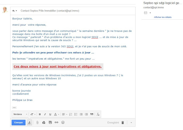 mail a Valérie GROSEIL Administration des ventes septeo pour la mise a jour du logiciel sdgi aout 2017