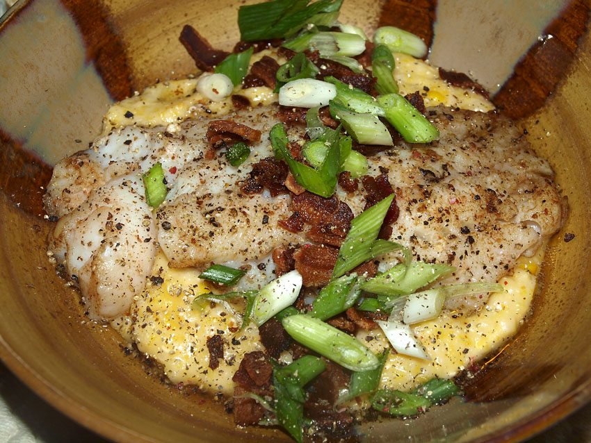 Pellet Smoker Cooking Grouper over Cheesy, Corny Grits