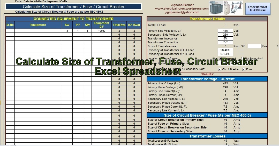 Engineering-xls: Calculate Size of Transformer, Fuse, Circuit Breaker
