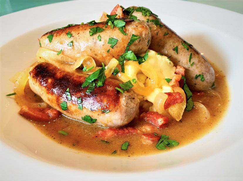 the Best Recipes Sausages Braised with Cider & Smoky Bacon