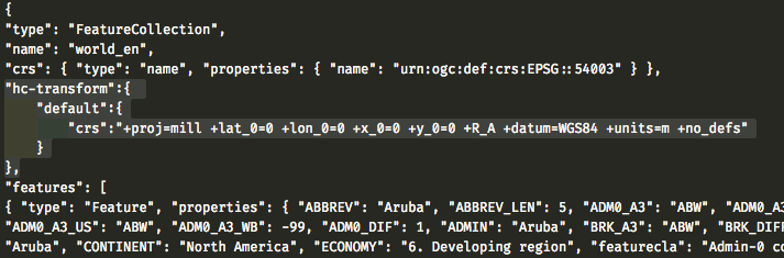 Add hc-transform to geojson file for Highmap to support latitude/longitude functionality for using the Proj4js library to convert between projections