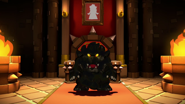 King Bowser Koopa in Paper Mario Color Splash black paint oil appearance throne room