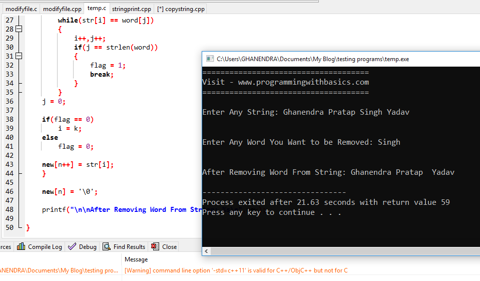 C Program to Delete Words from Sentence