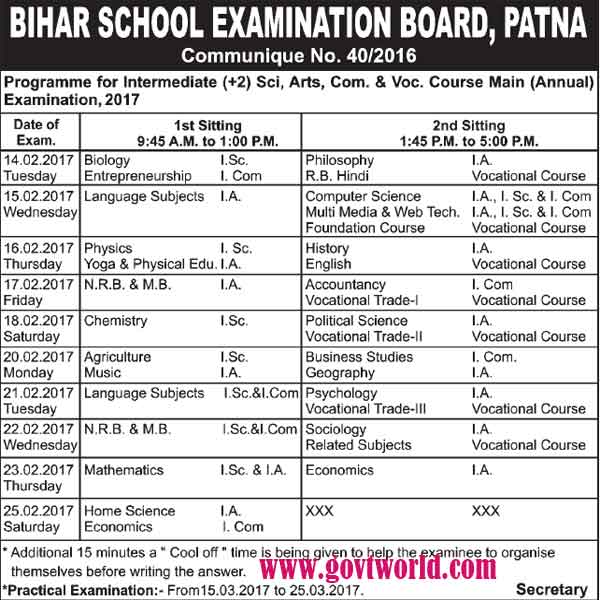 BSEB Class 12th Annual Exam Schedule 2017