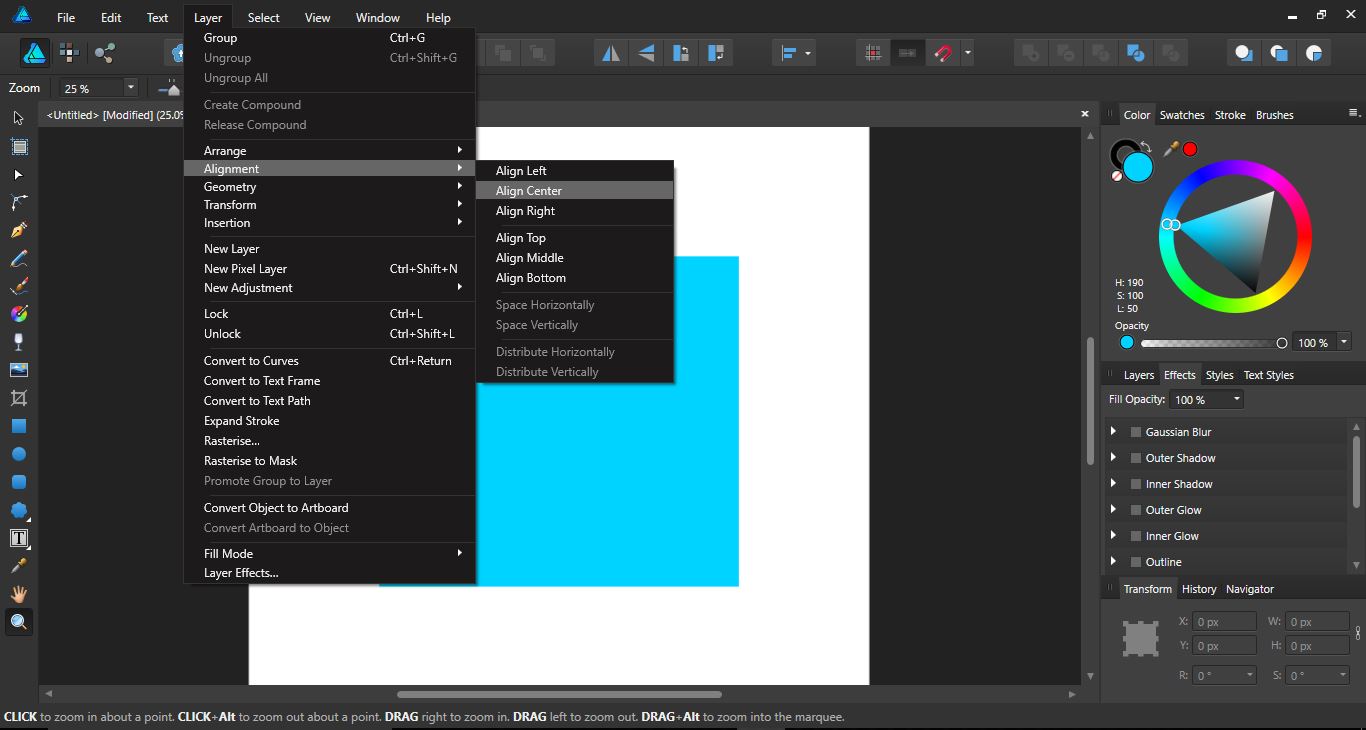 Accessing the Alignment Option in Affinity Designer Design Bundles