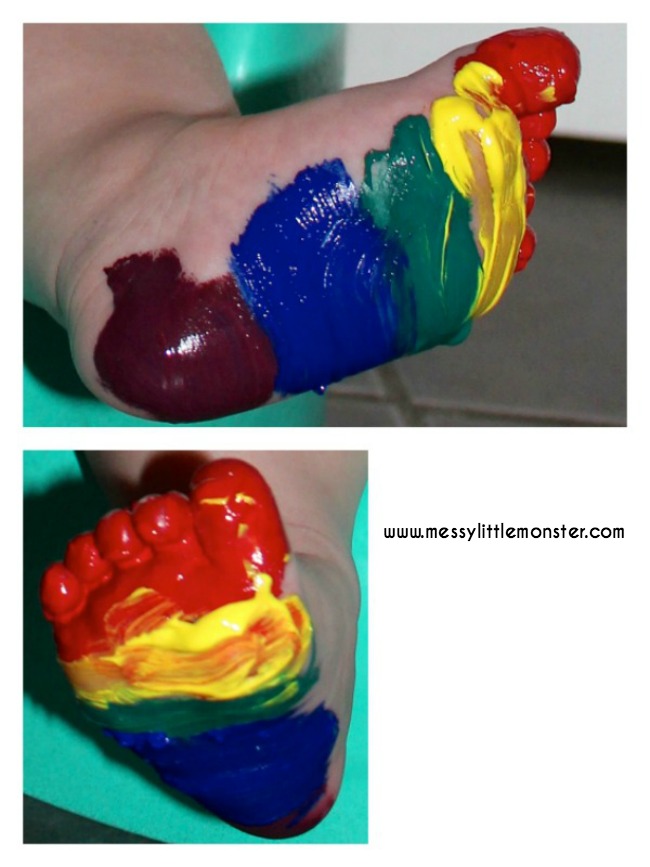 Rainbow footprint butterfly.  Craft and keepsake idea based on Eric Carle 'the very hungry caterpillar